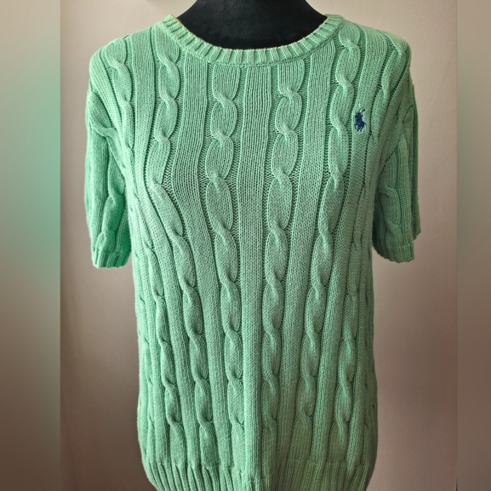 POLO RALPH LAUREN WOMANS SWEATER XLARGE green SHORT SLEEVES CABLE KNIT